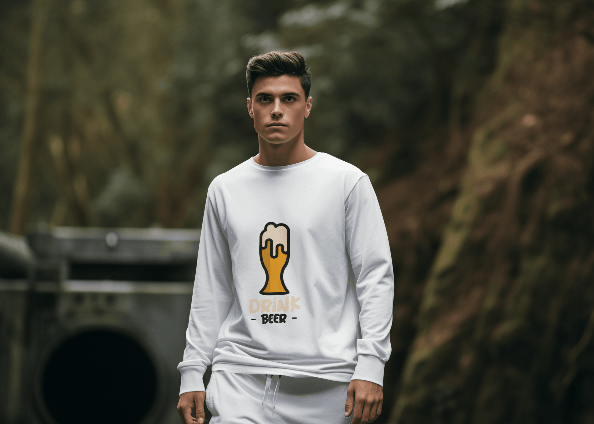 Drink Beer Male Round Neck Full Sleeve T-shirt - Lyssian