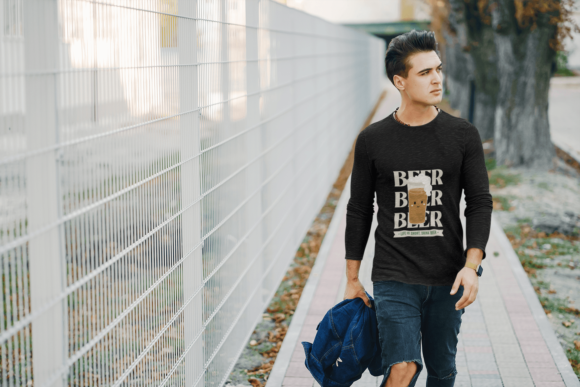 Short Life, Beer = Wife Male Round Neck Full Sleeve T-shirt - Lyssian