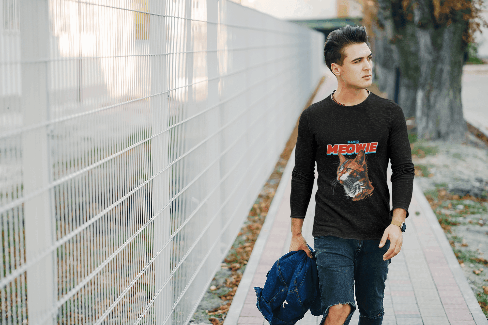David Meowie Men's Round Neck Full Sleeve T-shirt - Lyssian