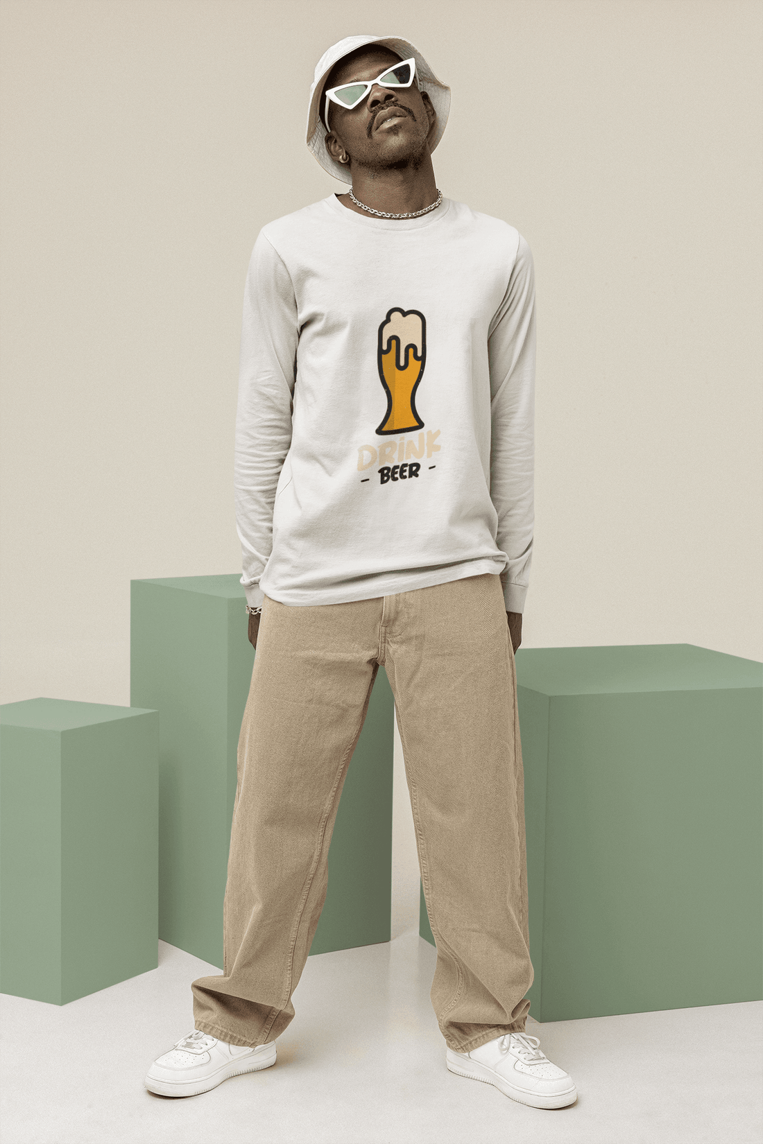Drink Beer Male Round Neck Full Sleeve T-shirt - Lyssian